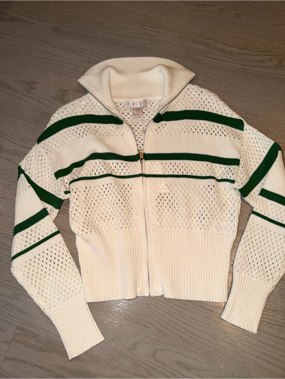 Caroline Constas Cream Zip-Up Open Knit Sweater with Green Stripes